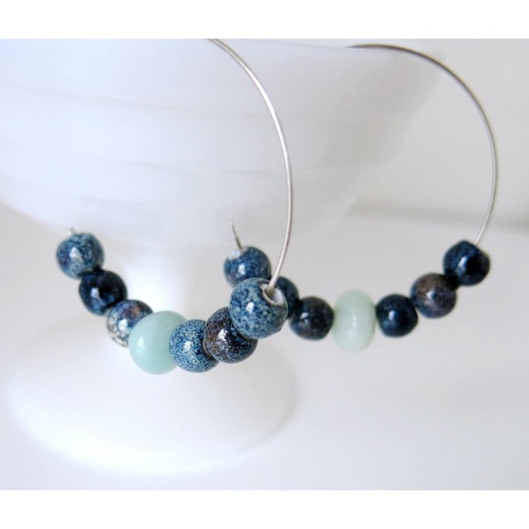 Eye of the Moon and Stars - Blue Speckled Ceramic SS Hoops Aventurine Gemstone - Picture 3 of 3